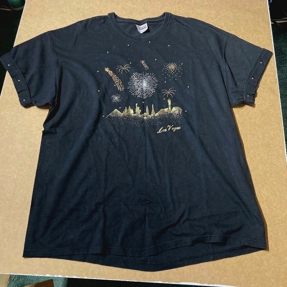 Vintage Las Vegas Firework Skyline Metallic Studded Black Tee T-Shirt Women's XL